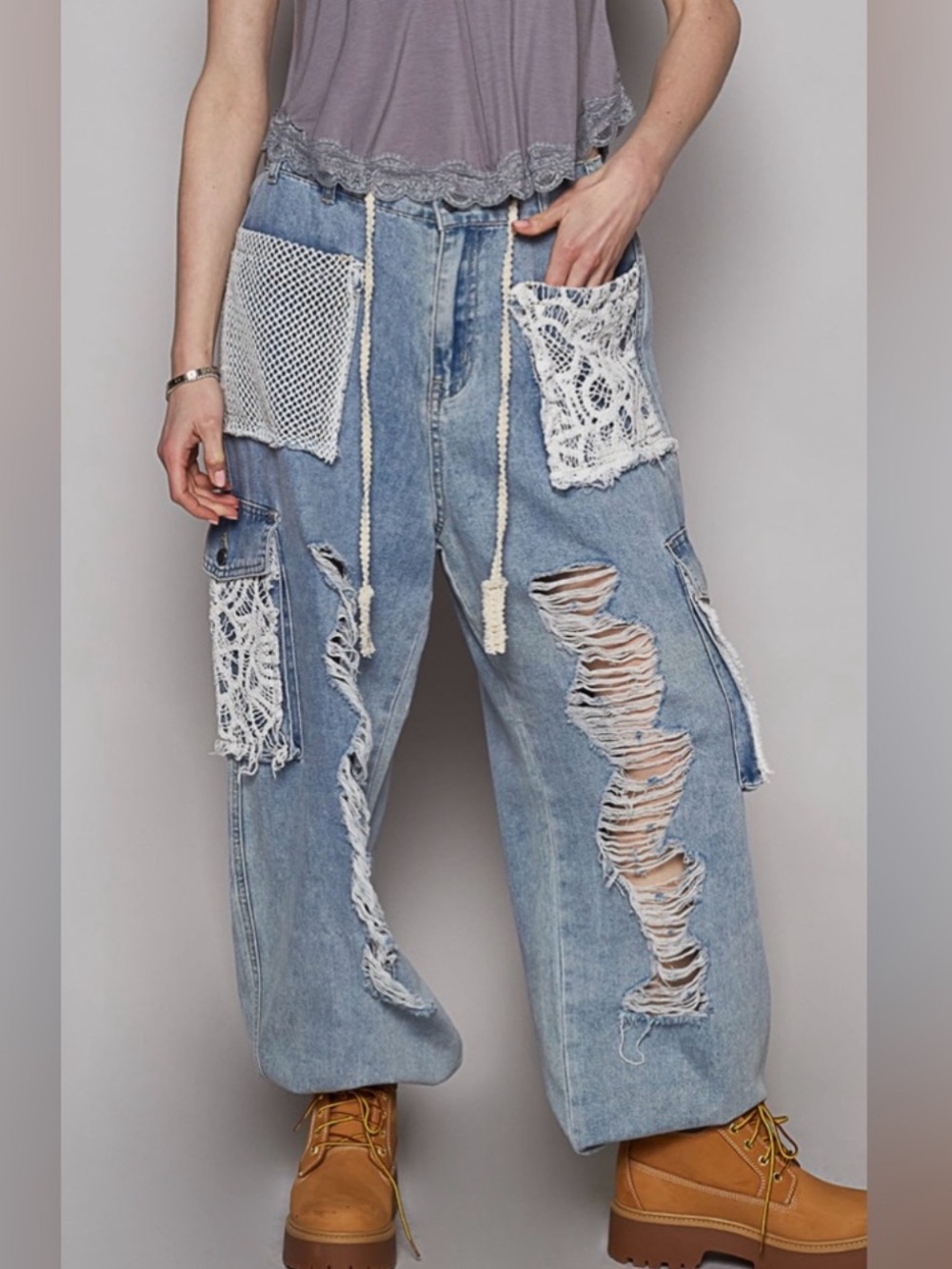 POL Distressed Lace Net Drawstring Medium Wash Denim Jogger Jeans